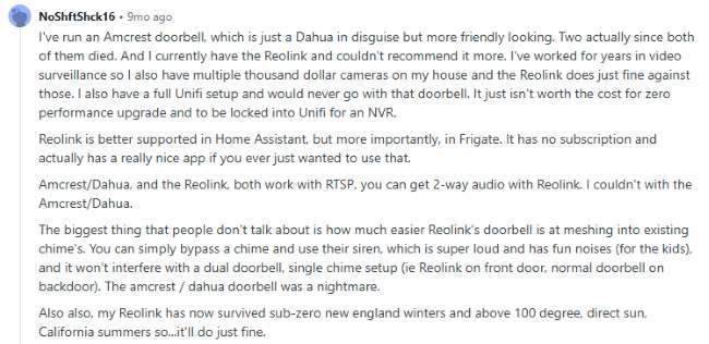 A screenshot of a forum comment from the file User testimonial of Reolink PoE doorbell.jpg by user NoShftShck16. The user highly recommends the Reolink doorbell over Amcrest, Dahua, and Unifi models, praising its video performance, lack of subscription fees, excellent integration with Home Assistant and Frigate, two-way audio support, easy chime configuration, and proven durability in extreme weather.