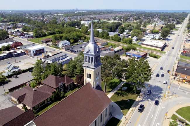 Elevated view of a historic church amidst urban landscape in Windsor, Ontario, Canada