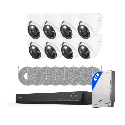 Reolink RLK16-1200D8-A kit with eight white outdoor cameras and a recorder