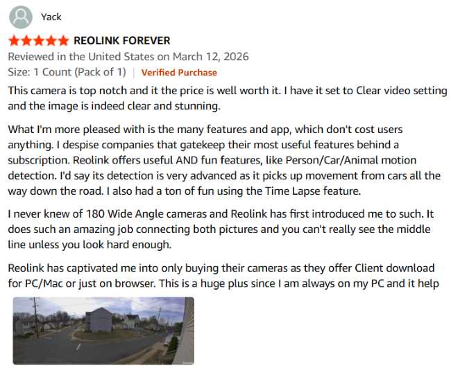 verified Amazon buyer's positive review of the Reolink DUo 2 WiFi