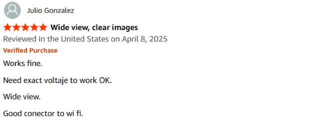 A verified Amazon buyer's positive review of the Reolink Duo 2 (Battery) praising its wide view and clear images