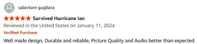 A positive review of the Reolink Duo 2 LTE via a verified Amazon buyer claiming that the camera survived Hurrican Ian and it features a well-made design