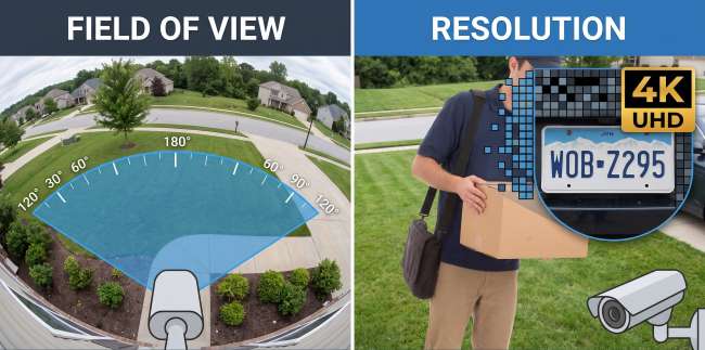 An infographic comparison of "Field of View" versus "Resolution" in surveillance.