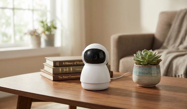 Camera on a wooden table with books set in a bright living room