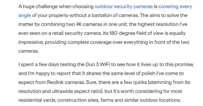 Positive review of Reolink's Duo 3 WiFi