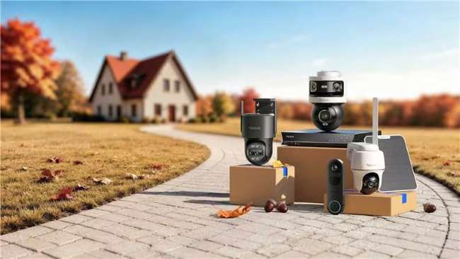 A lineup of Reolink security cameras, doorbells, and systems displayed on packages on a paved path outside a suburban home in autumn.