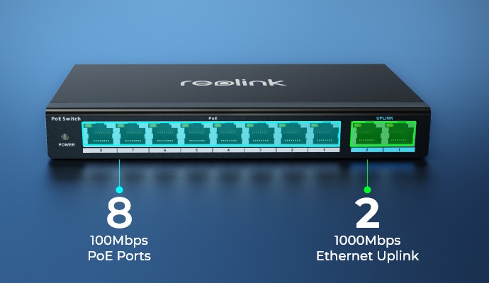  Reolink PoE Switch with 8 PoE Ports, 2 Gigabit Uplink Ports,  120W for All PoE Ports, Ideal for Reolink RLN36 NVR and Reolink PoE IP  Cameras, IEEE802.3af/at, Metal Casing, Desktop/Wall Mount