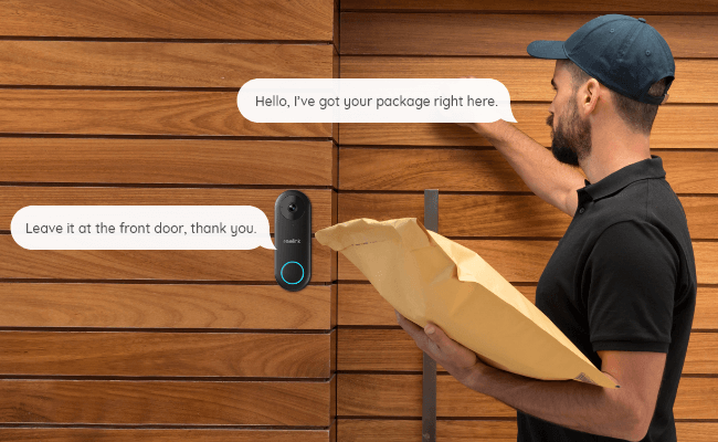 A mailman uses the two-way intercom feature of the doorbell camera to communicate with the owner of the house.