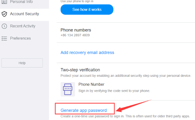 Generate and manage app password for Yahoo mail