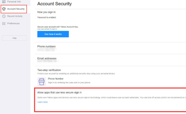 yahoo mail Allow Apps That Use Less Secure Sign In