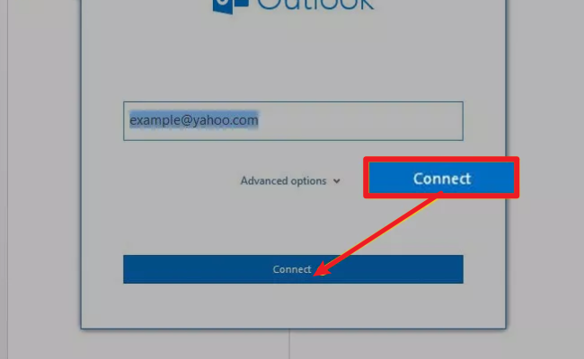 Enter your Yahoo Mail address, and then select Connect in outlook