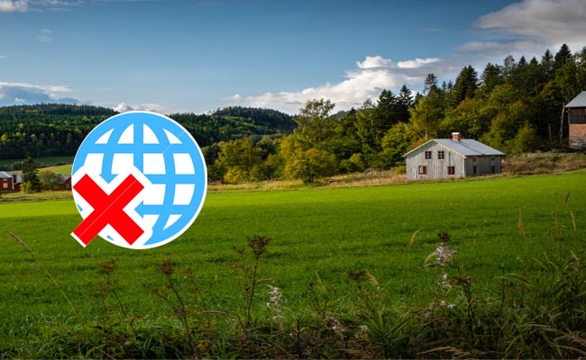 Solutions for rural areas without internet. An image of a rural area in a village is shown with a no-internet symbol.